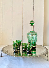 Load image into Gallery viewer, A green glass, silver embossed Venetian decanter and six shot glasses
