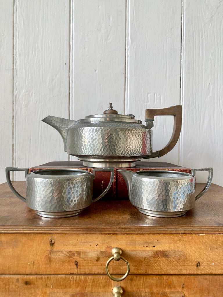 Unity Pewter Art Deco tea pot, milk jug and sugar bowl