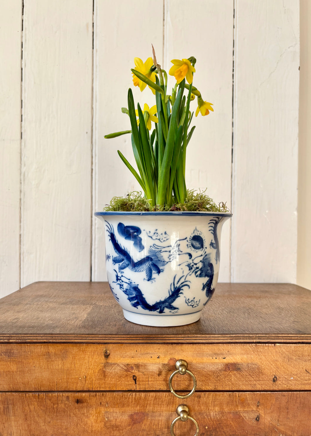 A blue and white oriental style planter