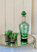 Load image into Gallery viewer, A green glass, silver embossed Venetian decanter and six shot glasses
