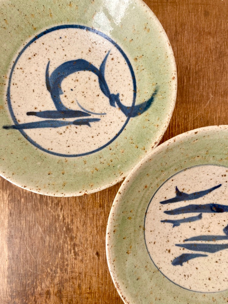 A near pair of studio pottery dishes