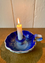 Load image into Gallery viewer, Blue enamel candle holder with scalloped form
