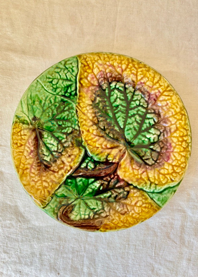 French antique majolica leaf plate