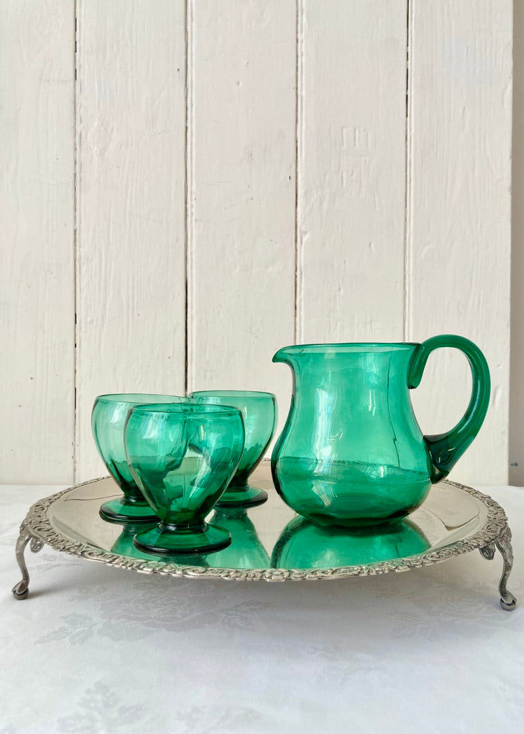 Hand blown green glass jug and set of 6 glasses