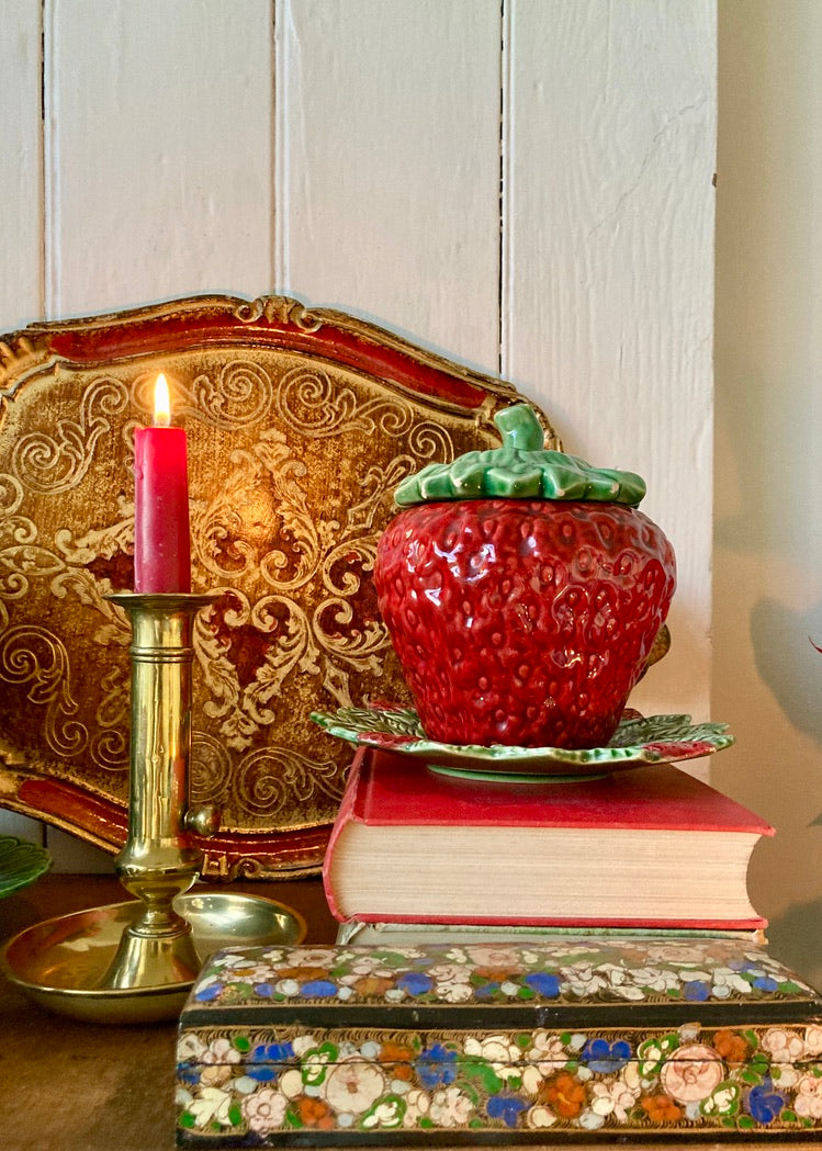 A rare large strawberry pot with lid and plate by Bordallo Pinheiro