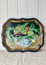 Load image into Gallery viewer, Toleware tray featuring a still life work of a Willow Pattern bowl full of glorious vegetables
