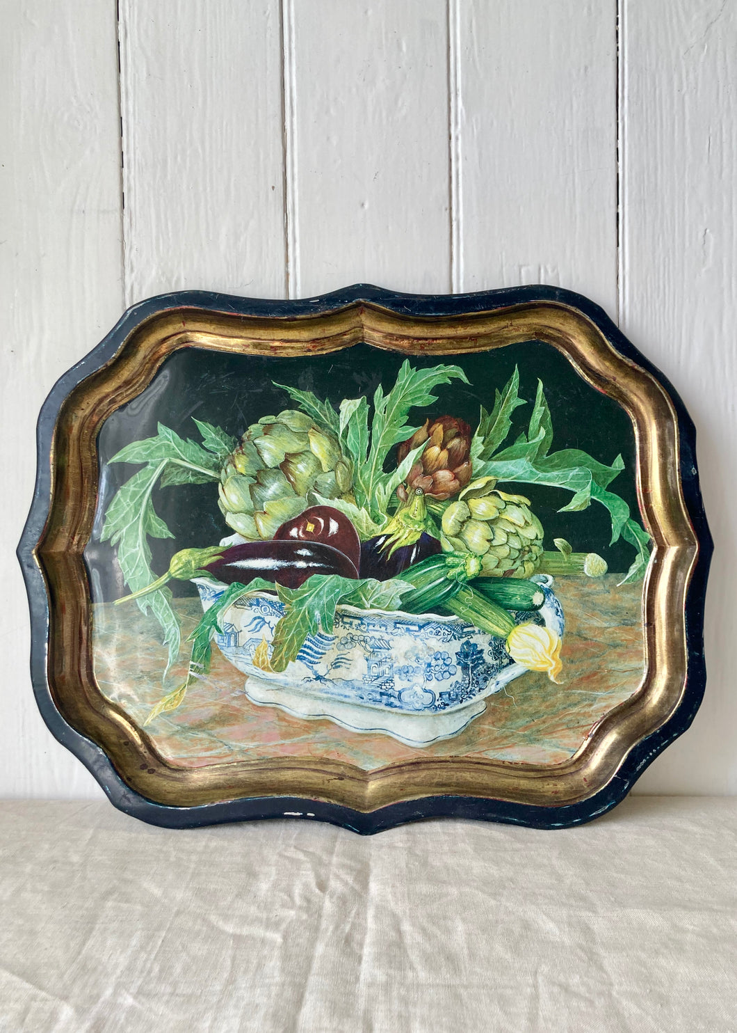 Toleware tray featuring a still life work of a Willow Pattern bowl full of glorious vegetables