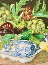 Load image into Gallery viewer, Toleware tray featuring a still life work of a Willow Pattern bowl full of glorious vegetables
