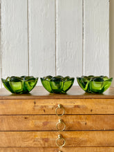 Load image into Gallery viewer, A set of 3 green glass flower tea light holders
