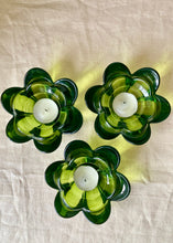 Load image into Gallery viewer, A set of 3 green glass flower tea light holders
