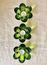 Load image into Gallery viewer, A set of 3 green glass flower tea light holders
