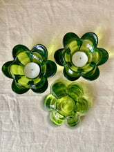 Load image into Gallery viewer, A set of 3 green glass flower tea light holders
