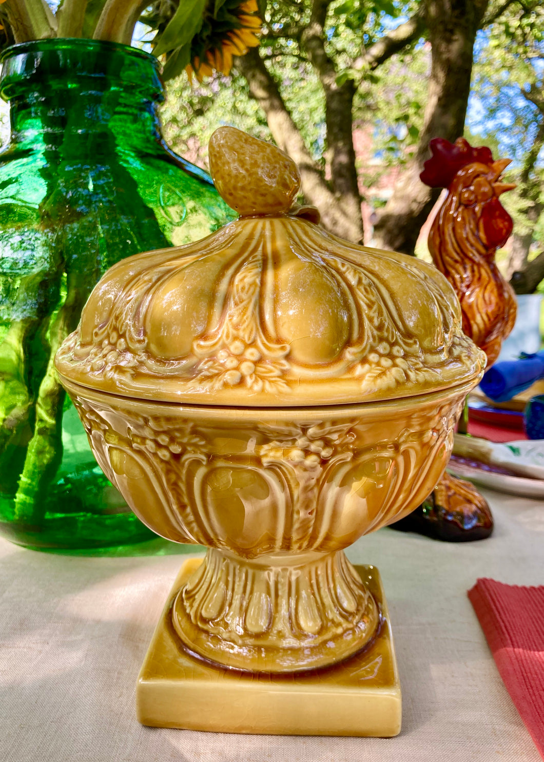 Yellow Portuguese pedestal bowl with lid