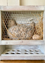 Load image into Gallery viewer, Artisan-made, pottery chicken in nesting box with egg storage rack
