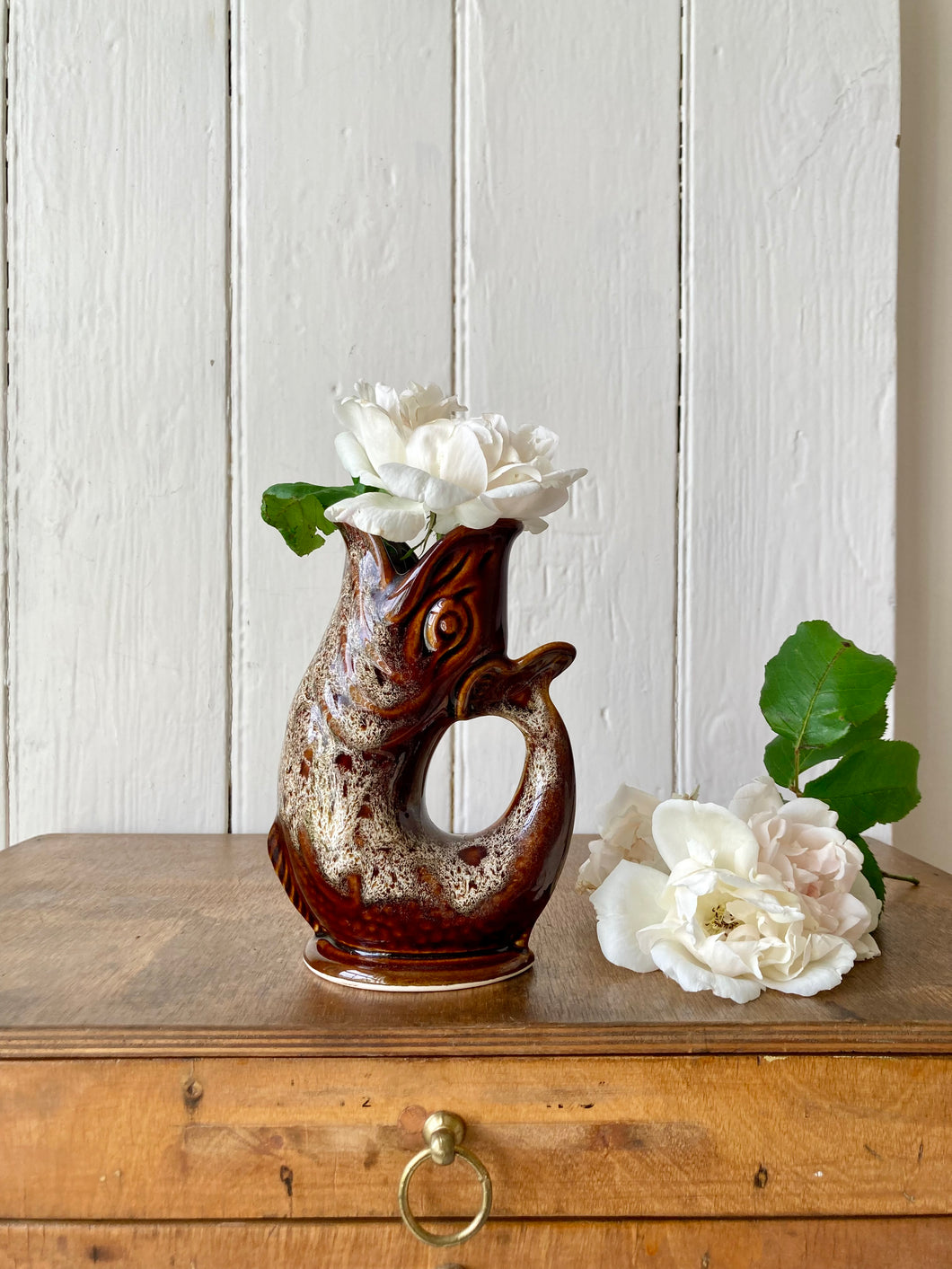 Smaller-size treacle glaze gluggle jug by Fosters Pottery, Cornwall