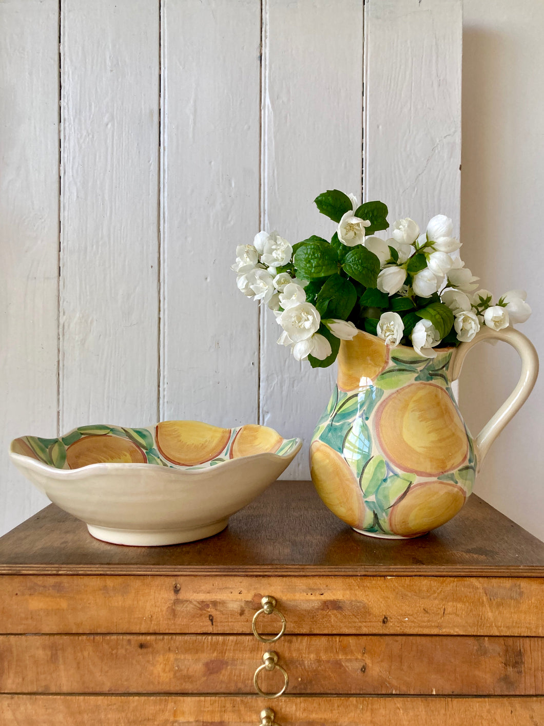 Large hand painted 'oranges' bowl and jug