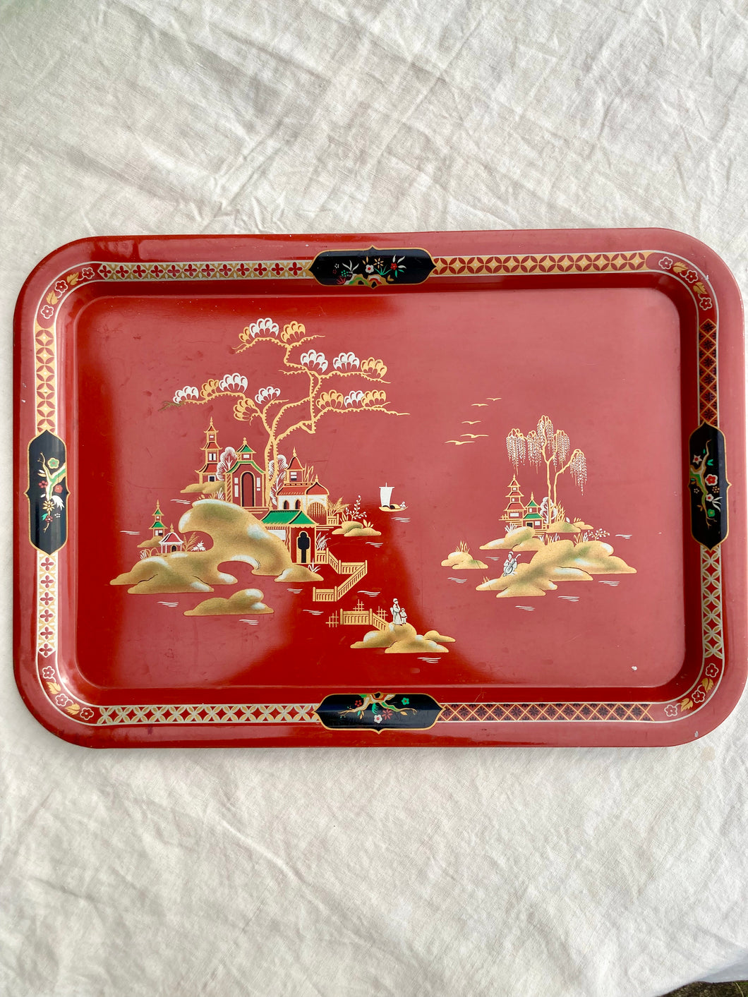 Rectangular brick coloured toleware tray with oriental design