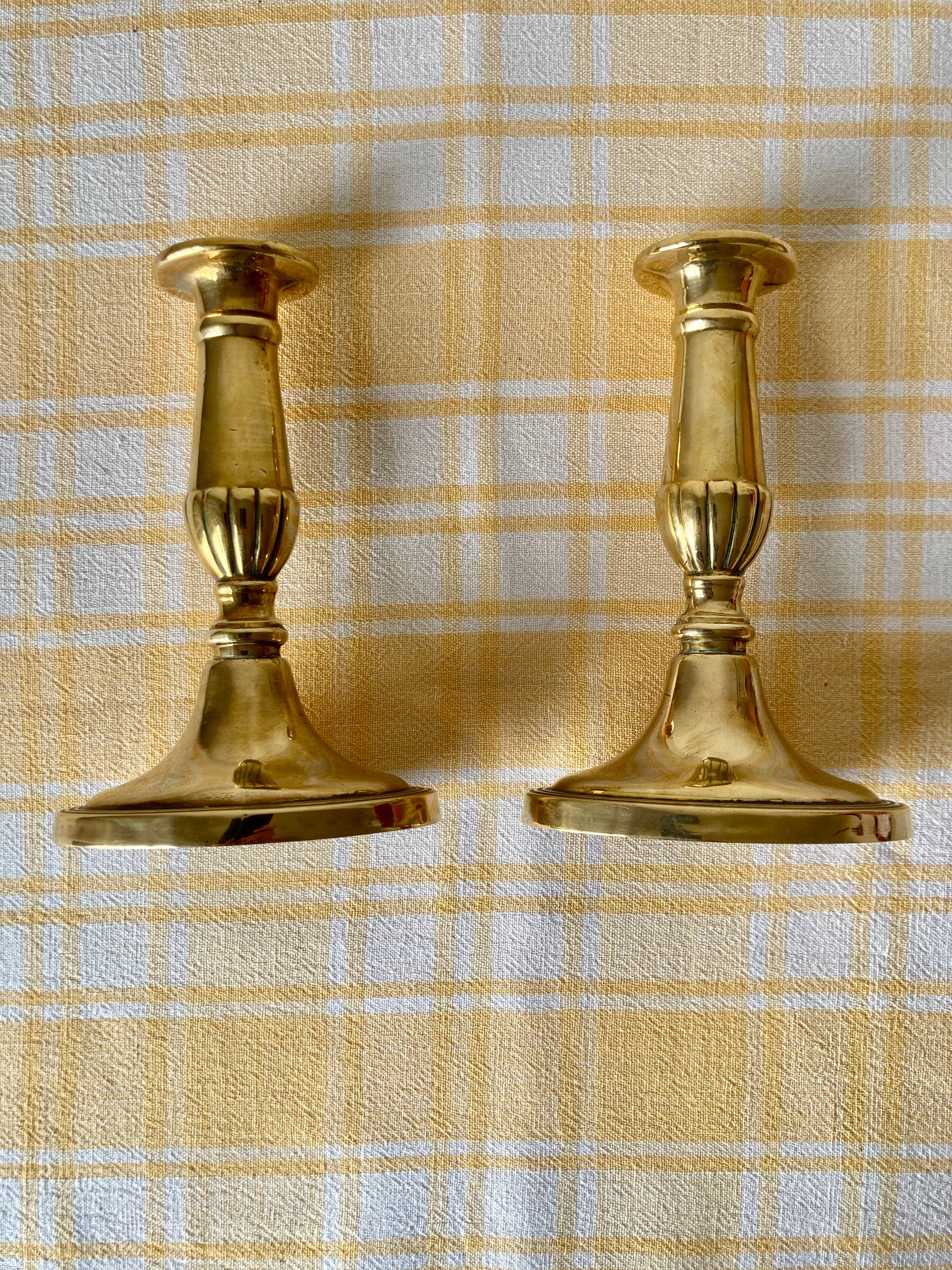 Antique Victorian popular Brass Candlestick Holders with Round Bases, Odd Pair