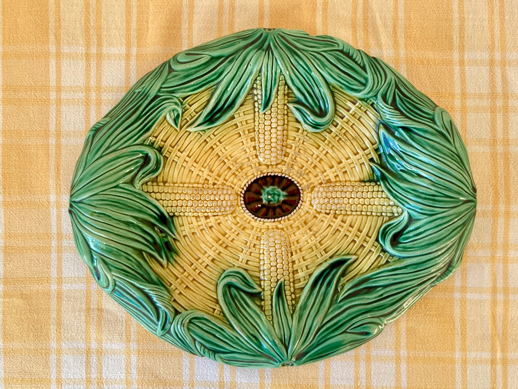 Antique English Majolica corn and faux wicker bread platter