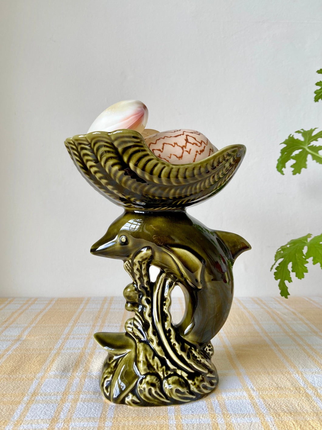 Dolphin and shell decorative pedestal dish in olive green