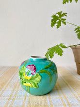 Load image into Gallery viewer, Turquoise ginger jar with stork and flowers in relief
